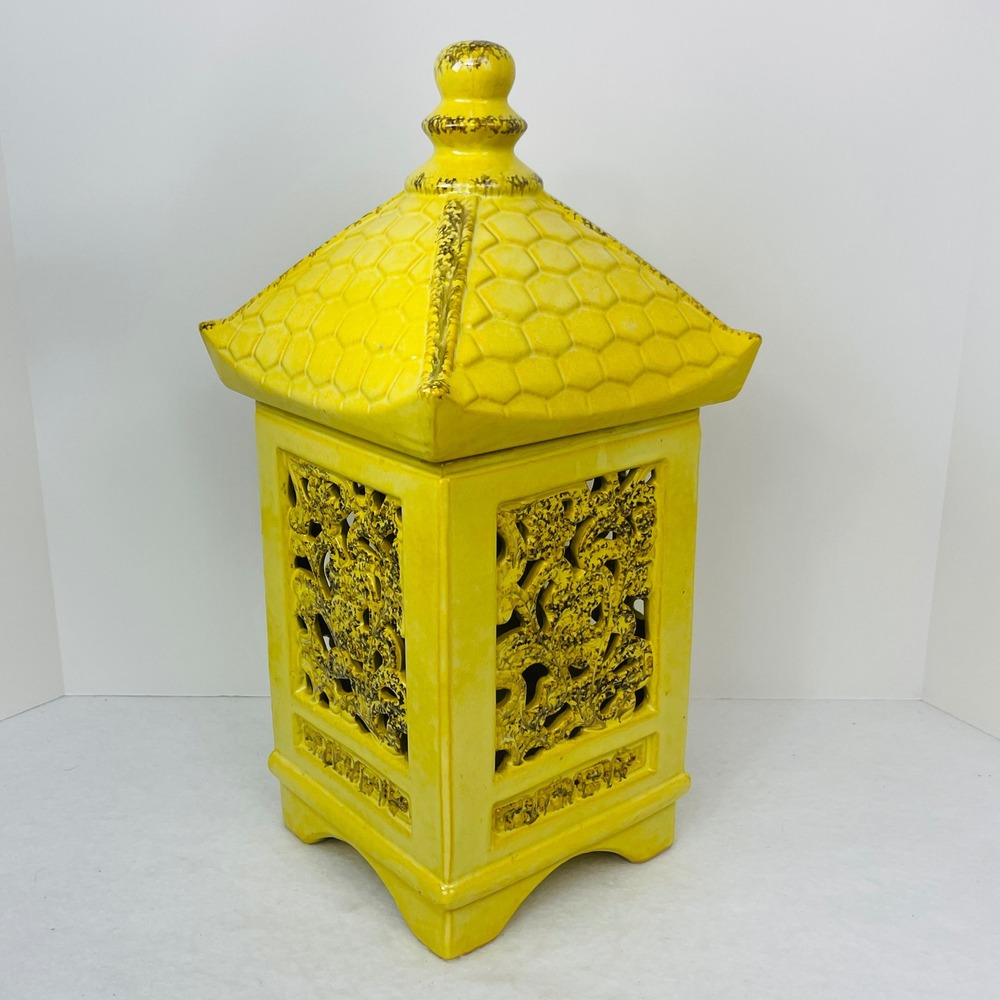 Ceramic Pagoda Lantern Lidded Jar Yellow Chinoiserie Openwork 12.5" 70-0846B EX